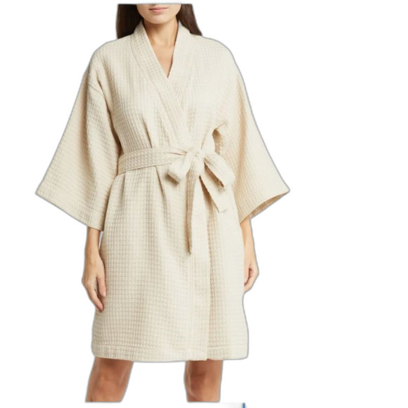 Portico New York by Weathered Stone Textile Waffle Robe in Ecru One Size - Picture 1 of 12